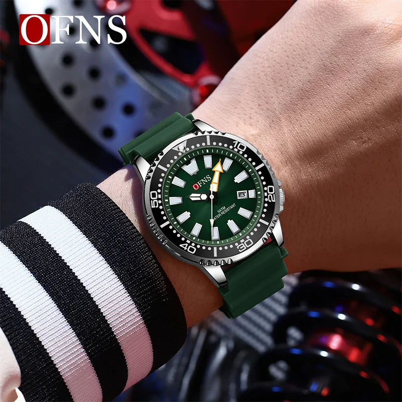 OFNS-reloj de cuarzo para hombre, cronógrafo luminoso de goma, resistente al agua, para deportes al aire libre, creativo, a la moda, nuevo, 8032