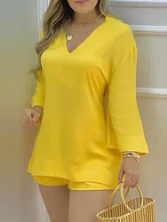 Plain Bell Sleeve V-Neck Top & Shorts Set Casual Women Two Piece Set