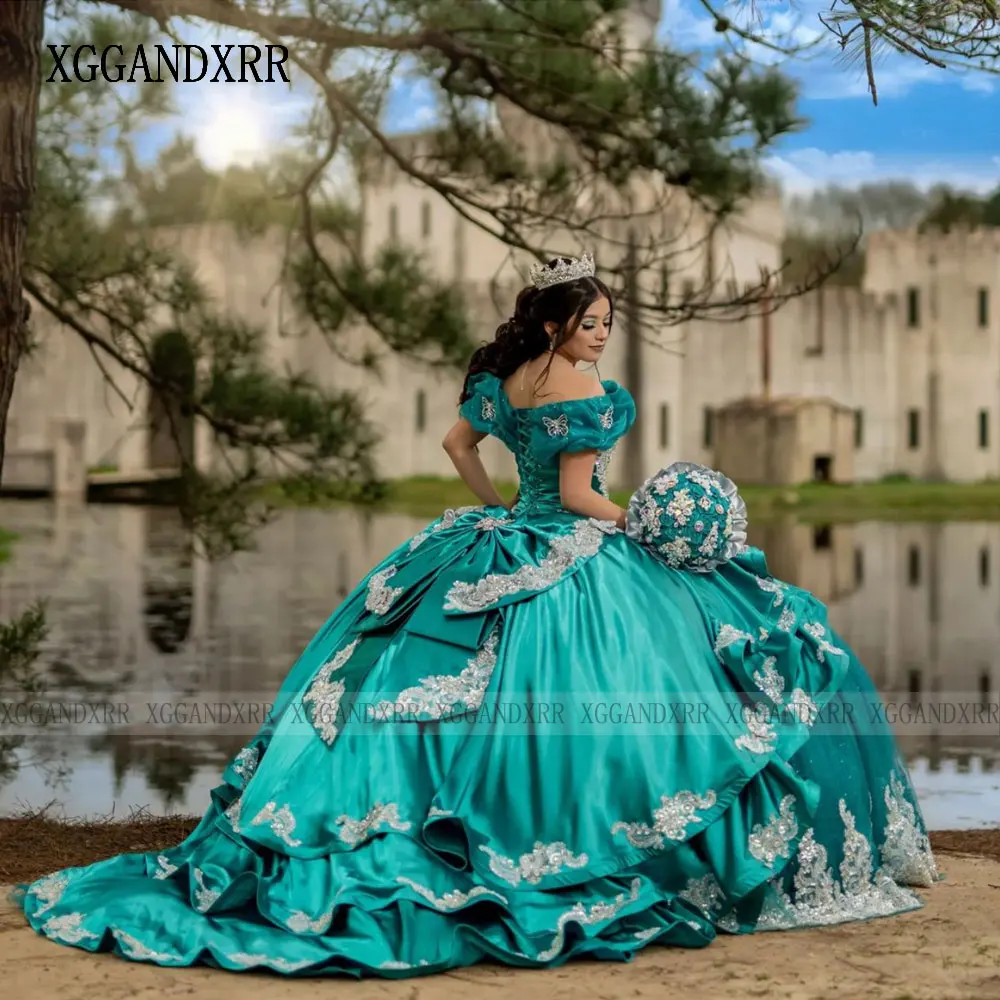 Personalizado bonito verde quinceanera vestidos 2024 ouro lantejoulas apliques camadas mexicanas vestido de baile doce 16 vestido vestidos de 15