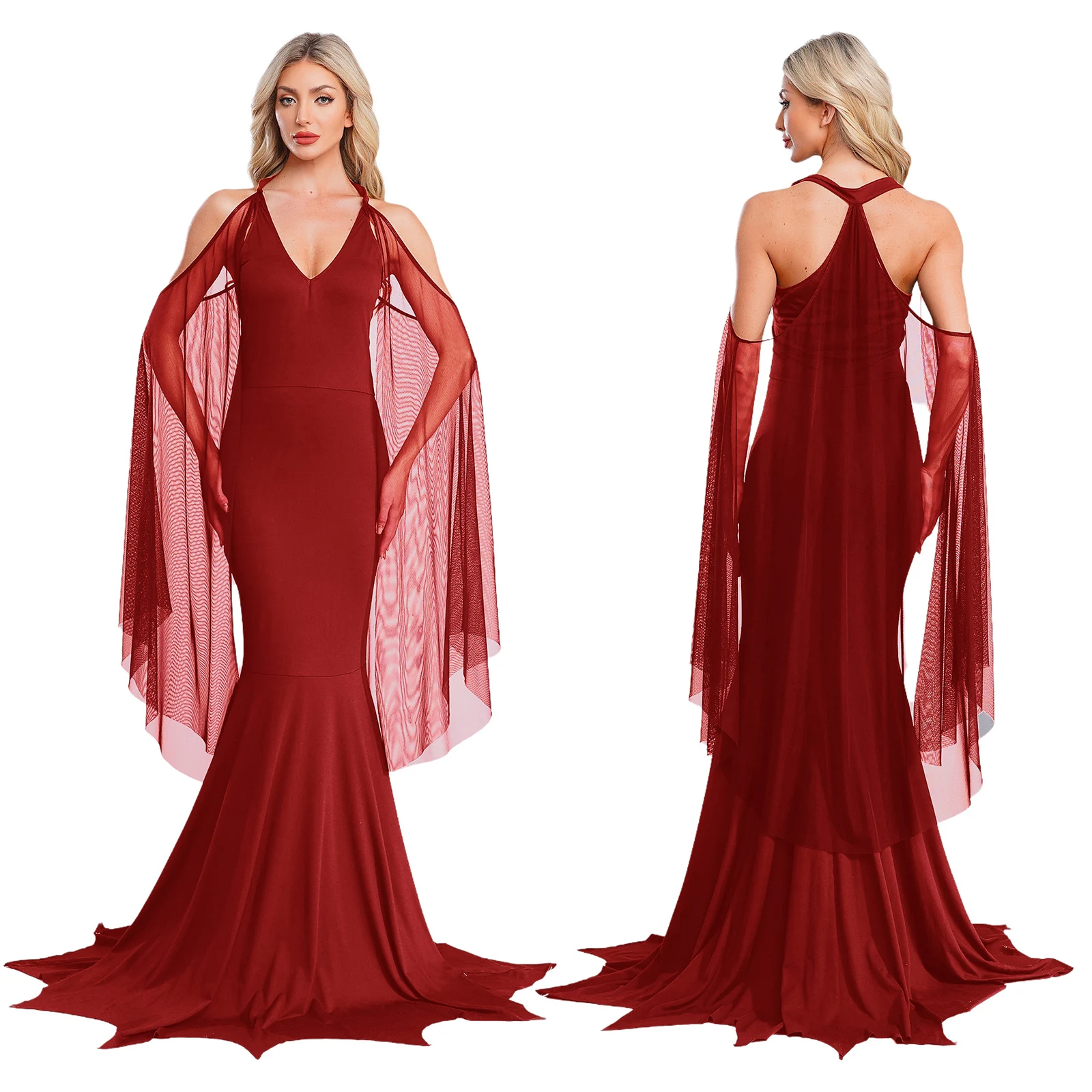 

Women Halloween Vampire Witch Long Dress Halter Keyhole Hollow-out Mesh Cape Jagged Hem Maxi Dress Gothic Mermaid Cosplay Dress