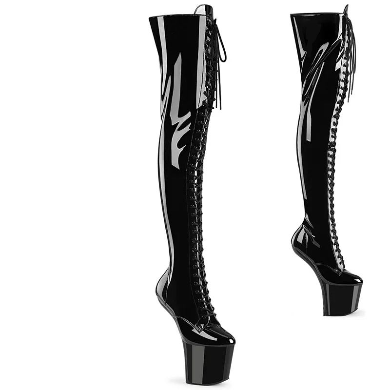 8 Inch High Heel Platform Exotic Pole Dancing Lace-Up Overknee Fetish Boots Size34-46 Black Shiny Matt In Stock Fast Shipping