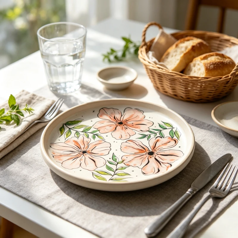 About 8.5-inch Ceramic Flat Plate High Aesthetic Western Cuisine Plate Exquisite Breakfast and Household Items