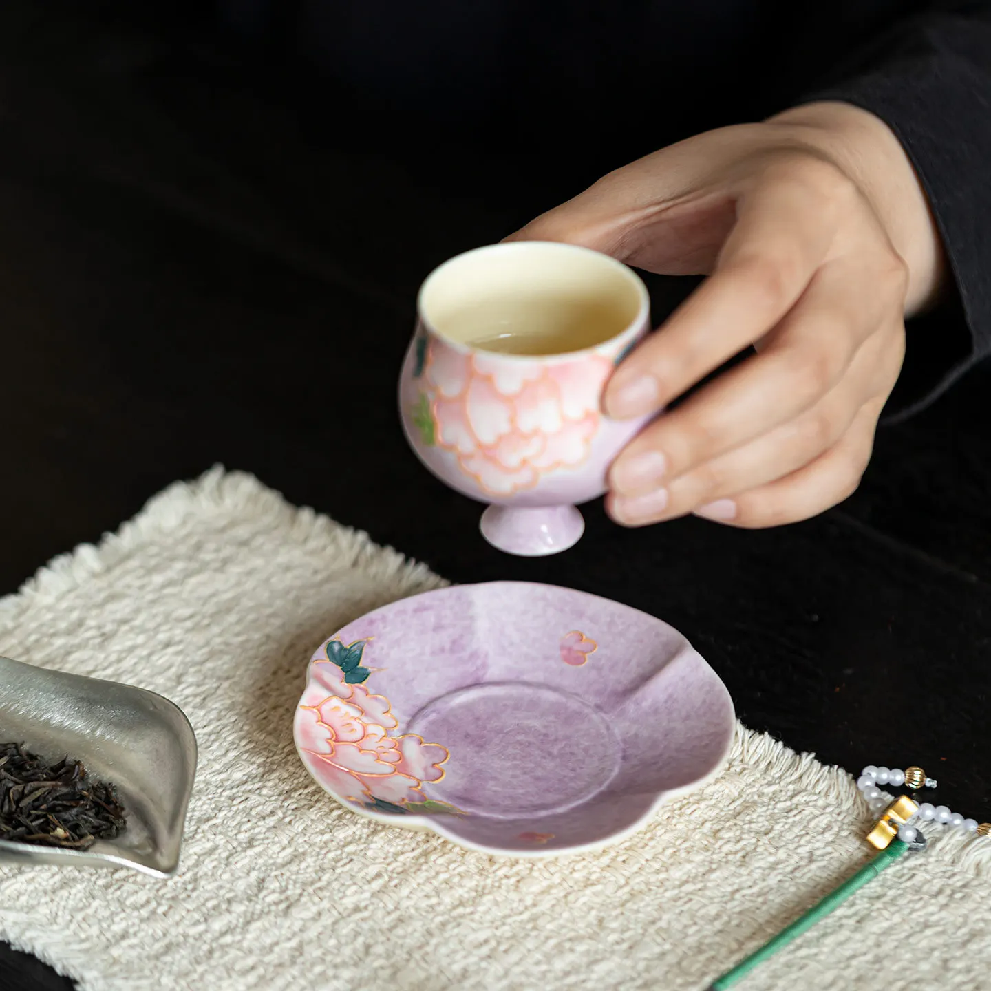 Hand Painted Peony Lace Ceramic Coaster Lid Holder Anti Slip Heat Insulation Household Kung Fu Tea Teacup Desktop Accessory