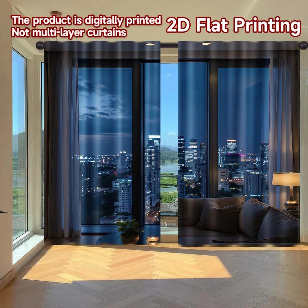 

2D flat printing 2pcs Window Drapes City Skyline at Night Digital Printed Polyester Drapes Seasonal Party & Holiday Decor for