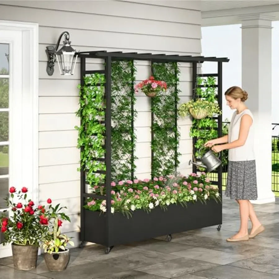 Raised Garden Bed with Trellis and Hanging Roof, Weatherproof Metal Planter Box with Wheels, Garden Arch Trellis for Outdoor Cl
