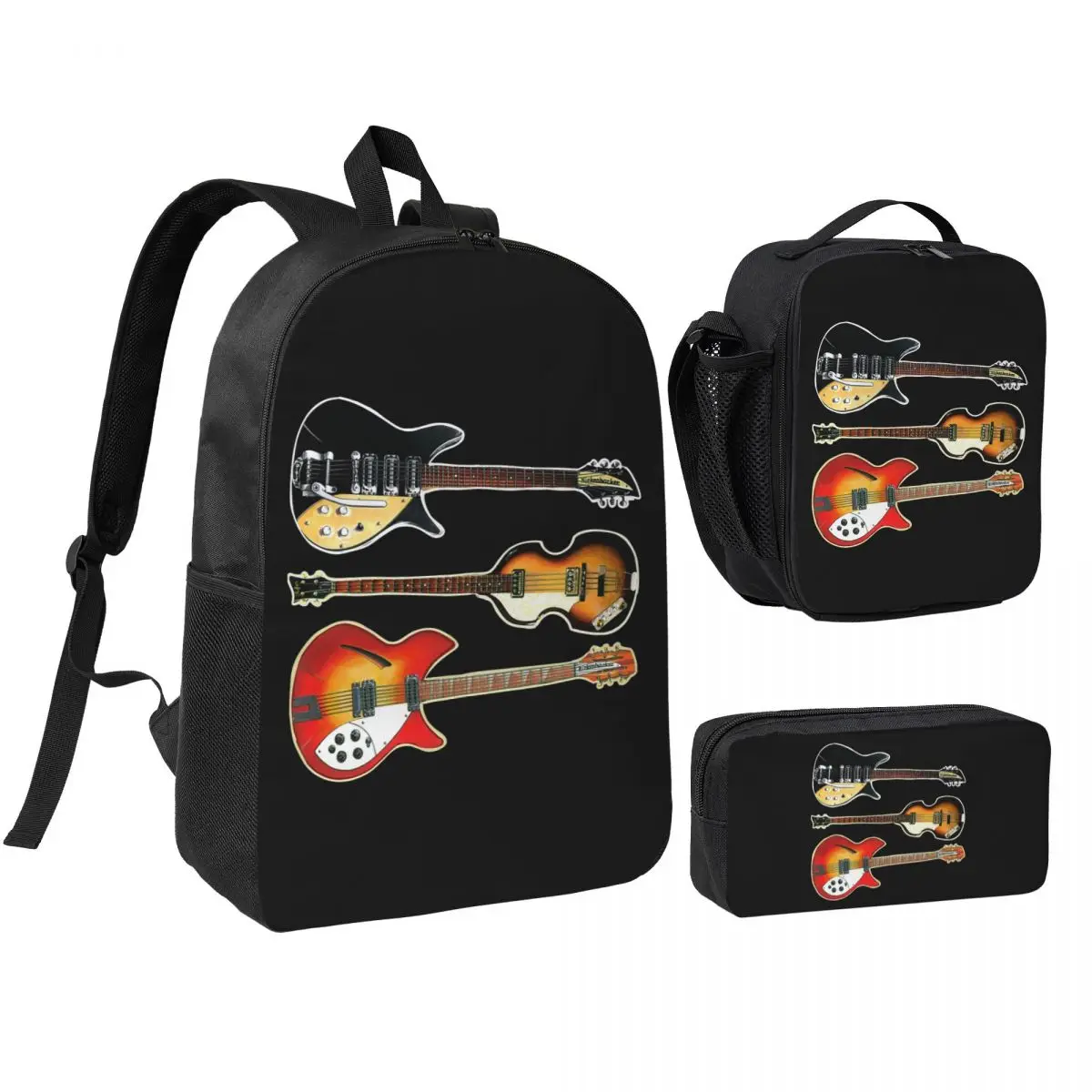 Mochila para estudantes Rickenbacker Guitars And Hofner Bass, bolsa escolar, bolsa de ombro, 3 peças, bolsa térmica para almoço, estojo para lápis