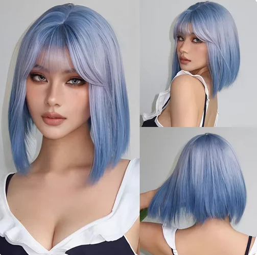 Wig sintetis merah anggur pendek wig lurus dengan poni untuk wanita pesta Cosplay Afro serat tahan panas harian alami