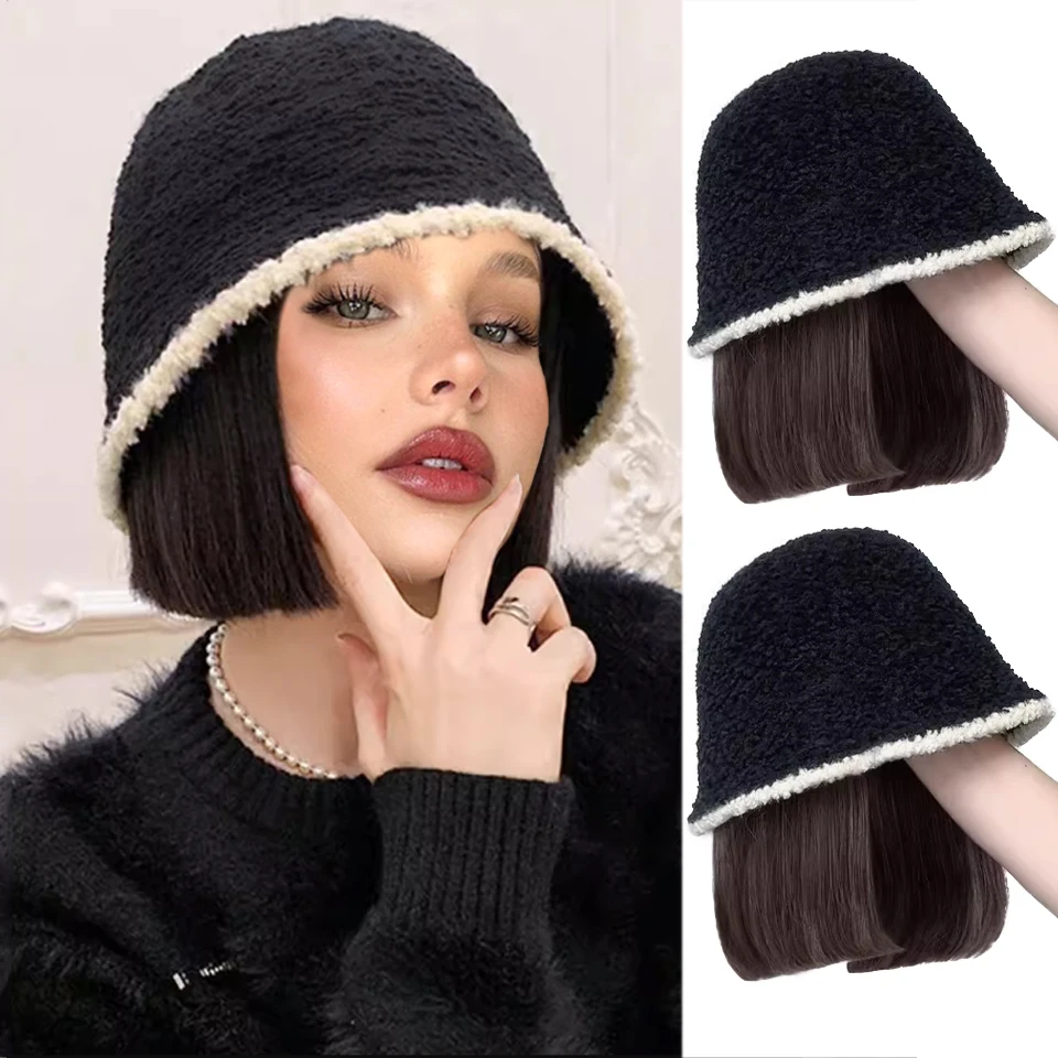 Synthetic hat wig female short straight hair warm soft knit autumn and winter hat heat-resistant wig suitable for women to wear.