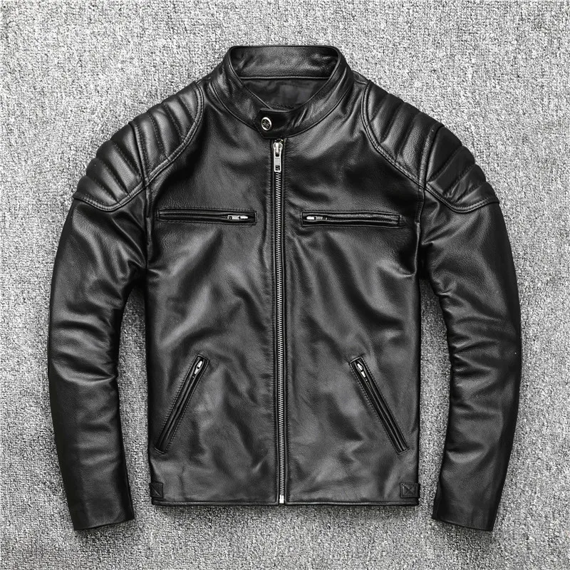 Genuine Leather Jacket For Men's Motorcycle Wear Standing Collar Youth Spring Autumn Black Vintage Real Cow Leather Jacket Man