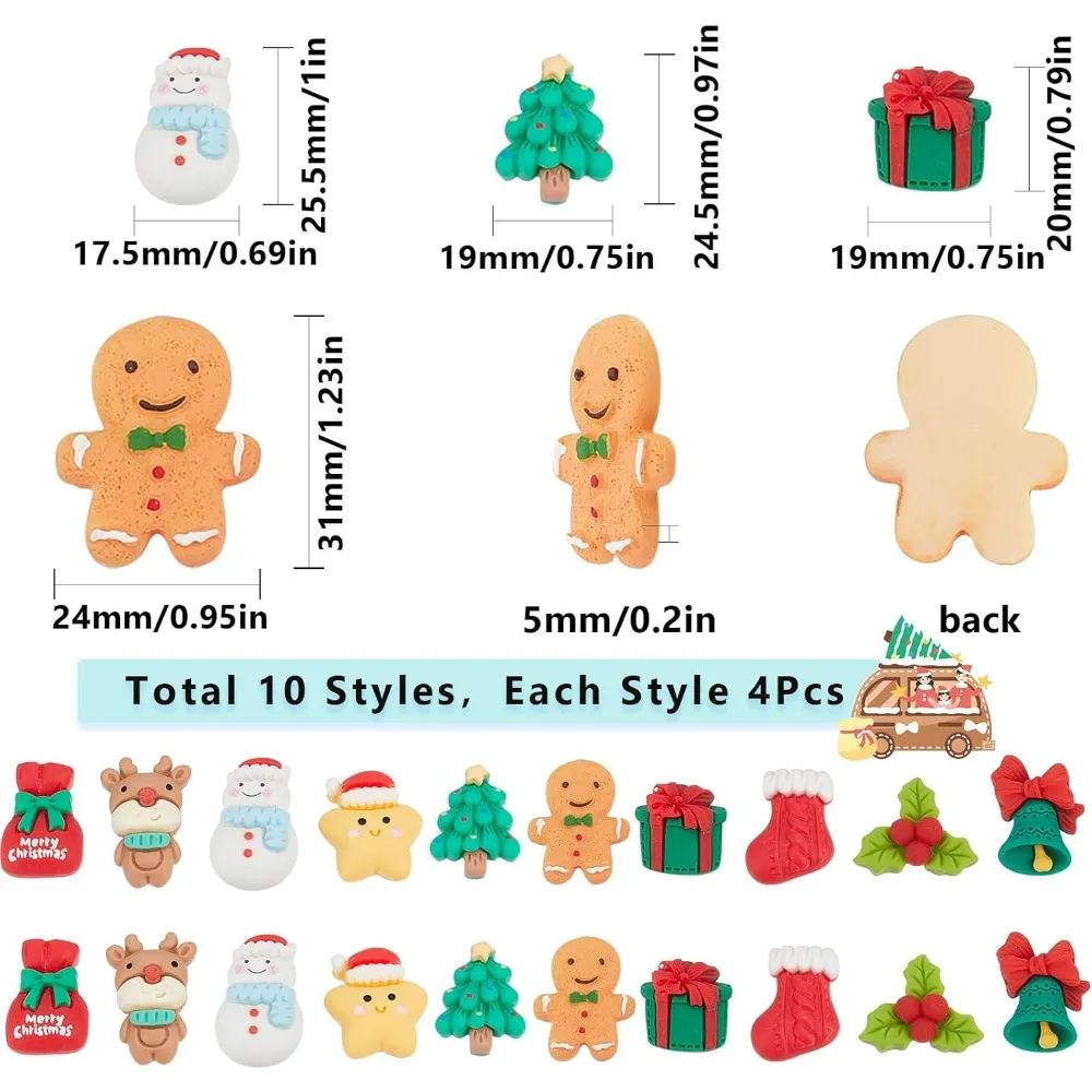 1 Box 40Pcs 10 Styles Christmas Cabochons Christmas Flat Back Charms Christmas Tree Snowman Gingerbread Man Winter Cabochon