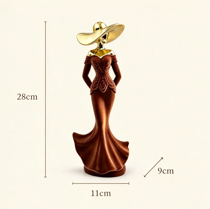 Luxury Flocked Dress Lady Statue Golden Wide Brim Hat Resin Art Sculpture Table Centerpiece Home Decor Ornament