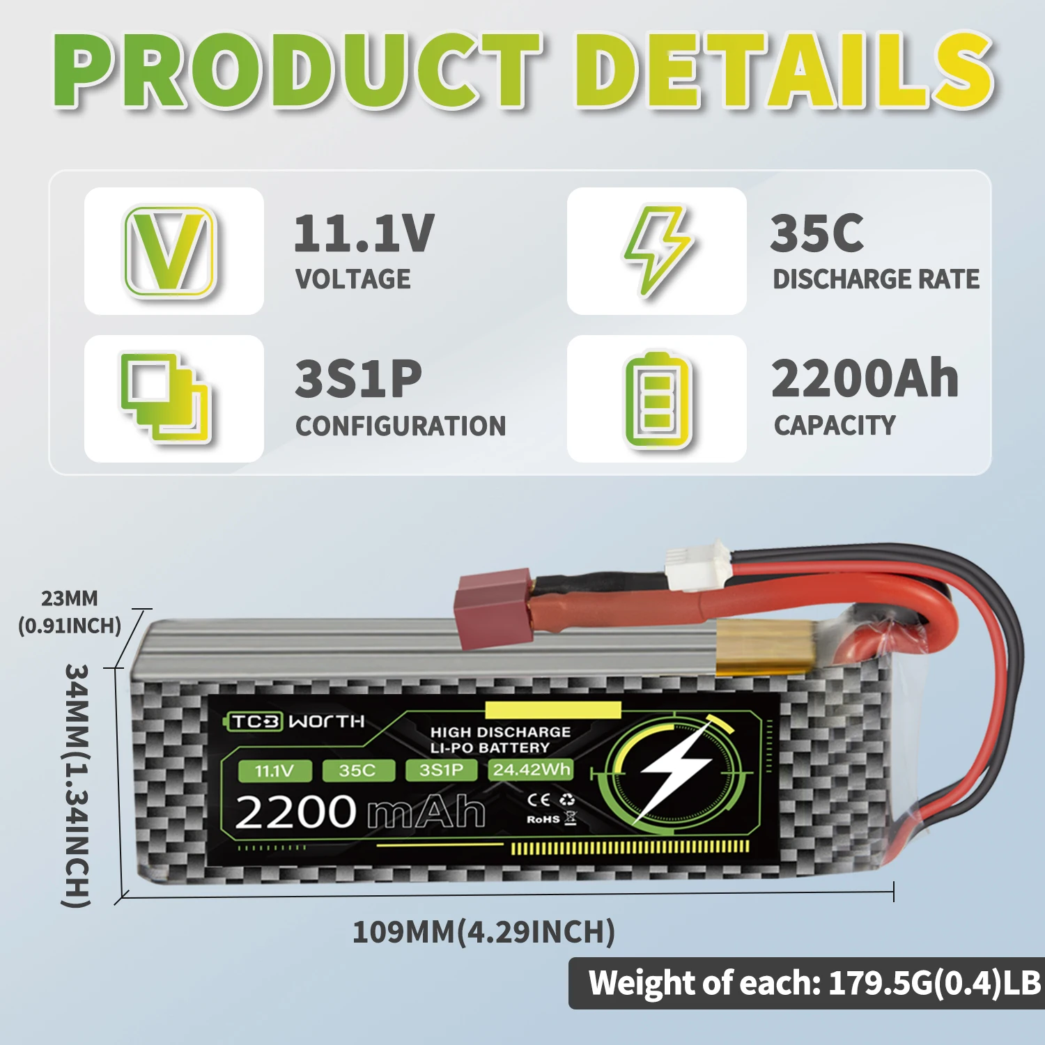 Batteria Lipo 3s 35C 2200mAh 11.1V batteria Lipo con spina a T per elicottero RC aereo Quadcopter RC auto camion barca (2 pacchi)