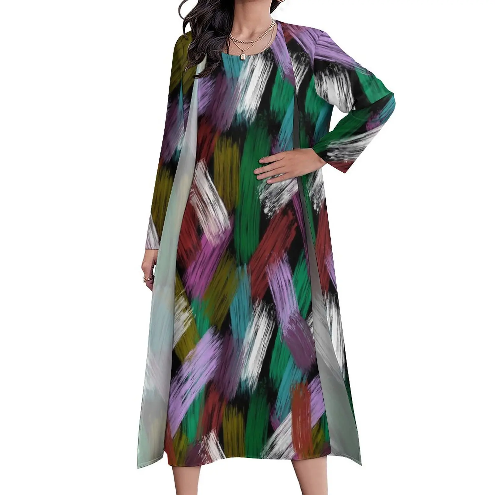 Colorful Brush Print Dress Paint Stripes Vintage Maxi Dress Street Wear Casual Long Dresses Female Two Piece Oversized Vestido