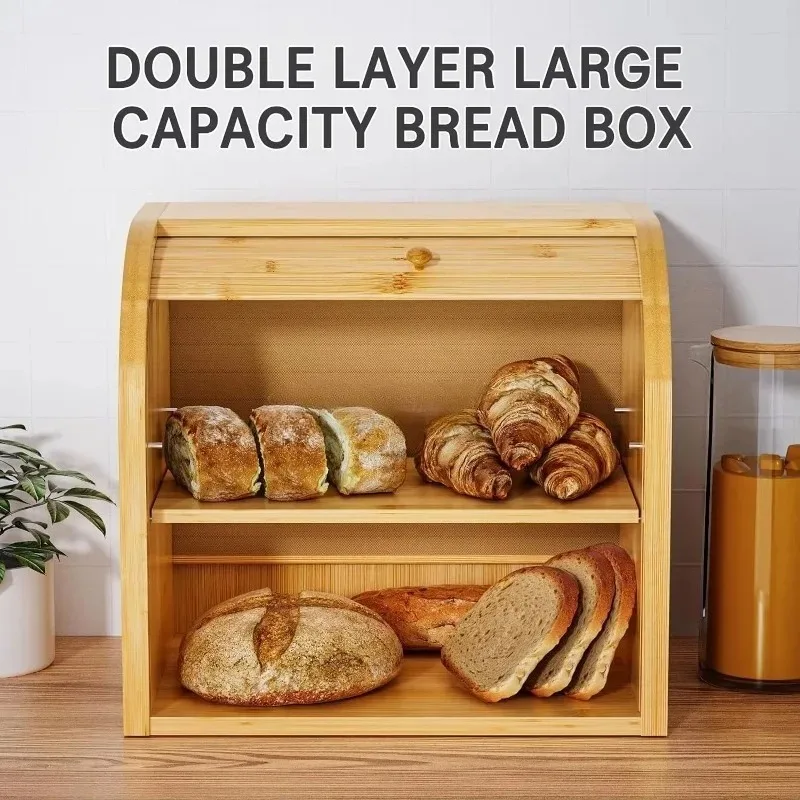 

[2026] Hot SaleModern 2-story Kitchen Countertop Double-layer Bread Box Large-capacity Bamboo Storage Container Rack