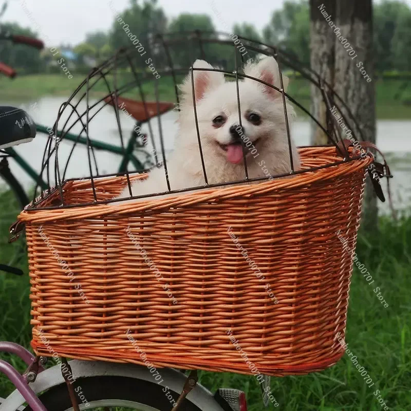 Bicycle pet cage car basket storage basket with iron cover dog cage storage basket rear frame woven