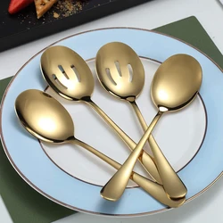 4 Pieces Titanium Plating Serving Spoons Include 2 Spoons And 2 Slotted Spoons Stainless Steel Serving Utensils Flatware