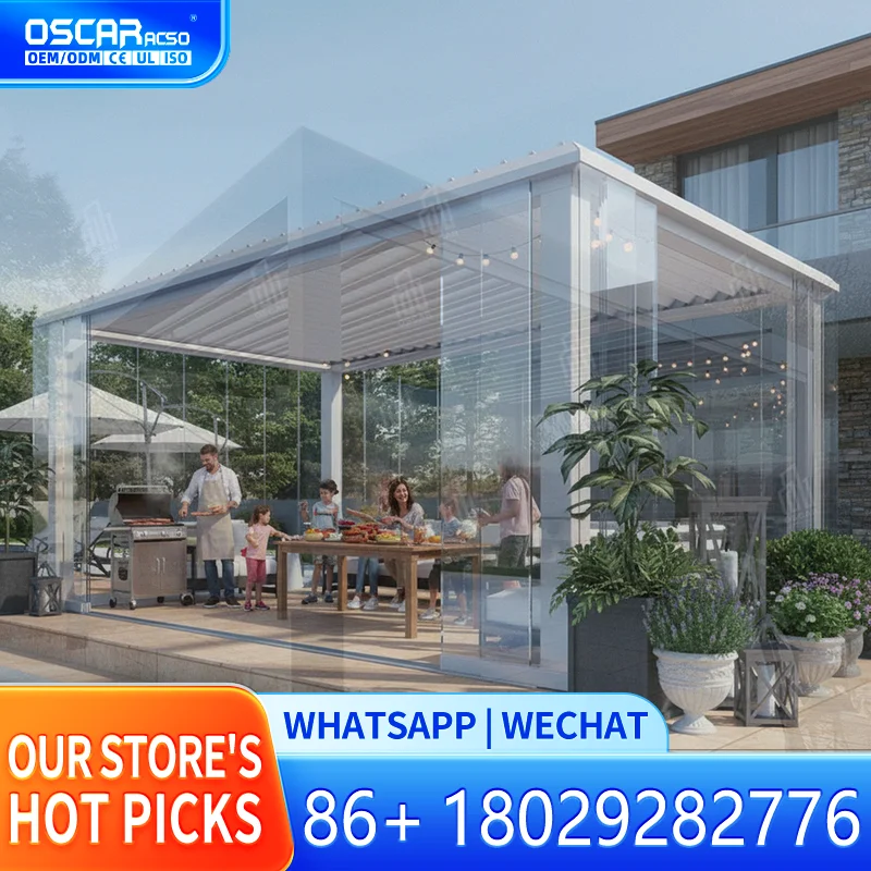 Outdoor Motorized Aluminum Louvered Roof with Dimmable RGB Lighting Waterproof Modern Bioclimatic Structure for Backyard Patio G