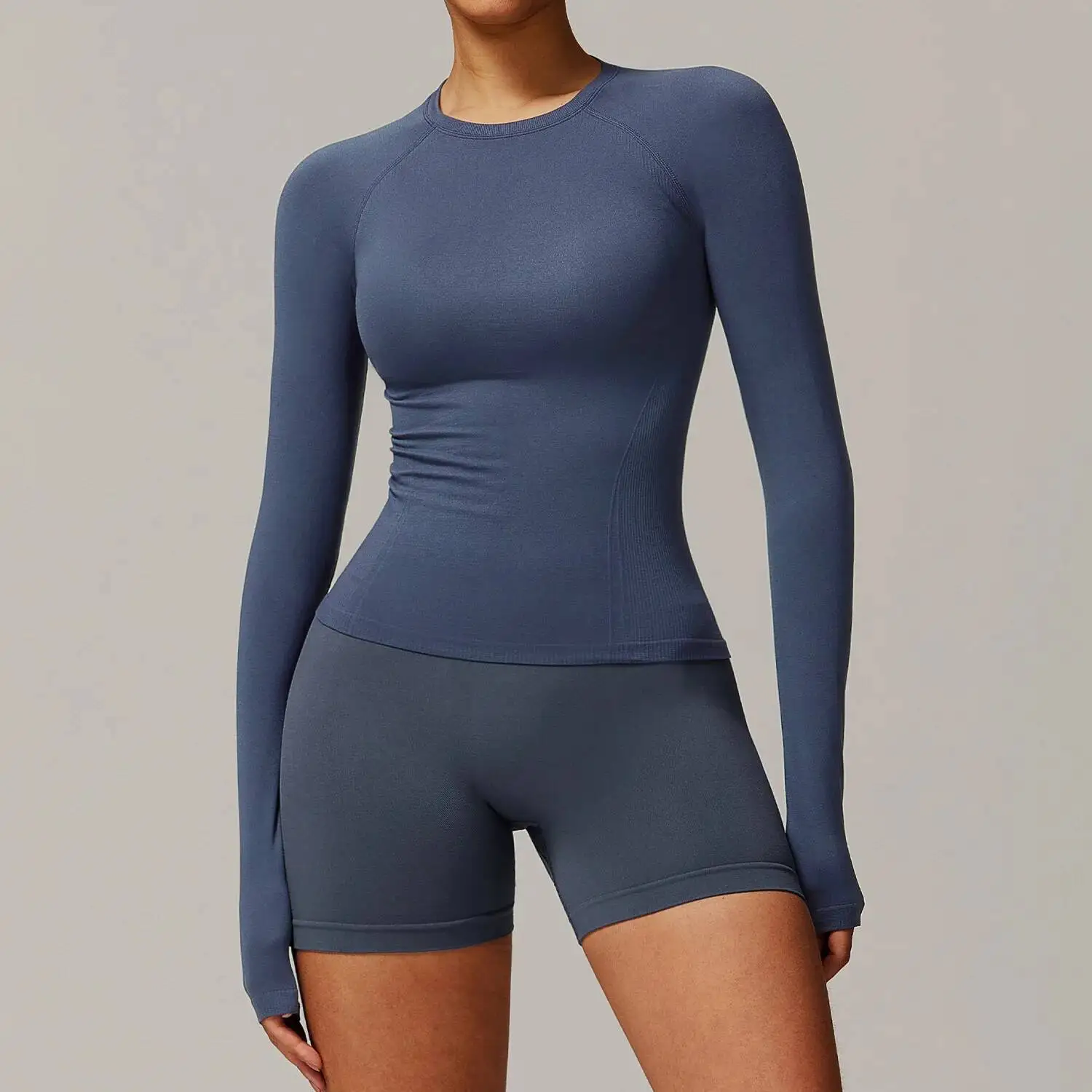 

Threaded Tight Fitting Seamless Long Sleeved T Shirt Quick Drying Women Crop Top Shirts Yoga Sports Gym Clothes