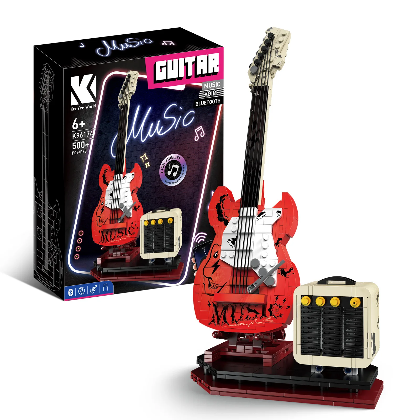 NEW Creative Decoration Electric Guitar with Loudspeaker APP Bluetooth Connect MOC Building Blocks Brick Toy Gift for Boys Girls