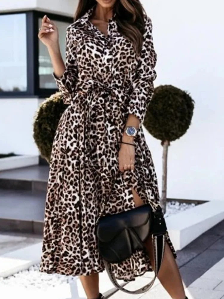 Yeezzi Frauen Sexy Mode Leopard Revers Hemd Kleid Lange Ärmel Mit Knöpfen Split-seite Streetwear Casual A-Line Midi Kleider 2025