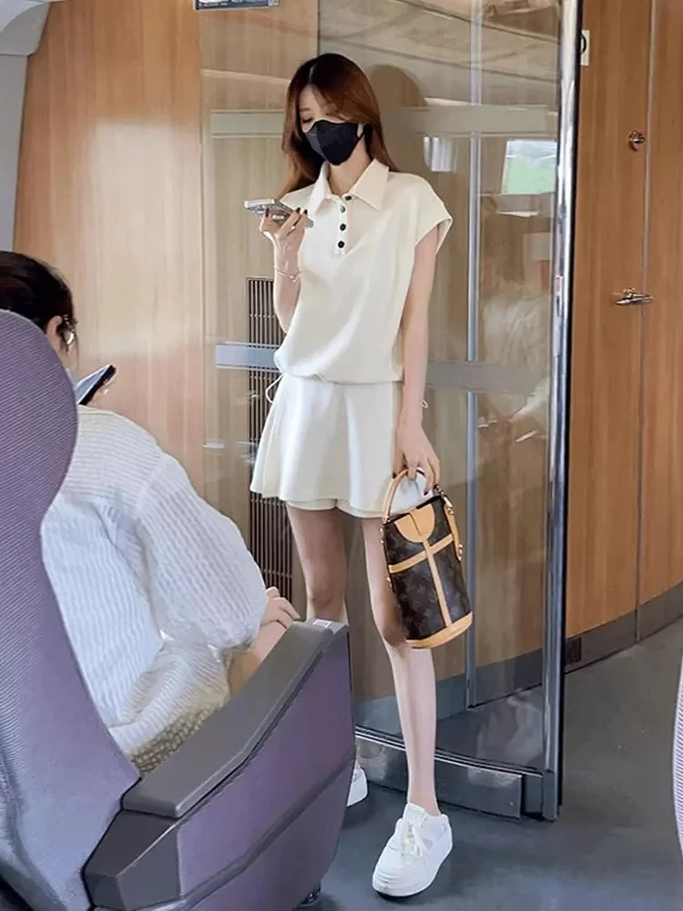 

Summer Shirt Sports Set Women's Loose Slimming Fashionable Short Sleeve Two-Piece Casual Skirt Shorts Cotton Blend
