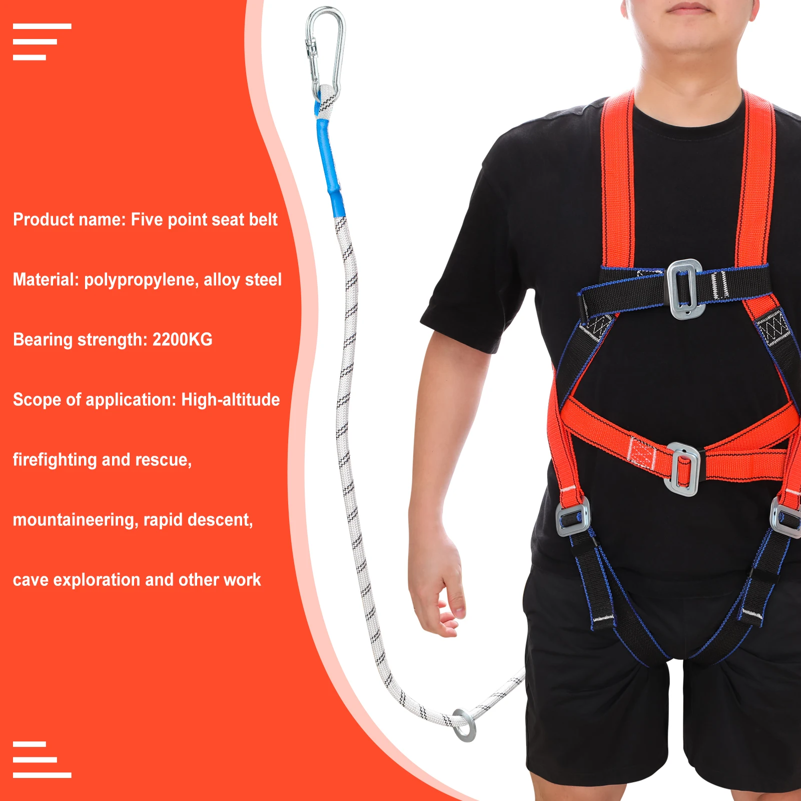 High Altitude Work Safety Harness com Mosquetão, Outdoor Climbing Training, Construção Industrial Security Belt, Corda, 5 Point