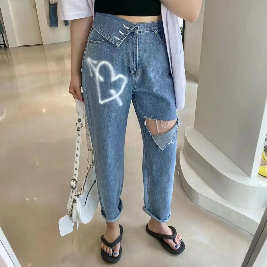 

Jeans Summer Long Pant Women Love Print Graffiti Hole Fashion Irregular High Waist Ladies Trousers Korean Style Woman Pants