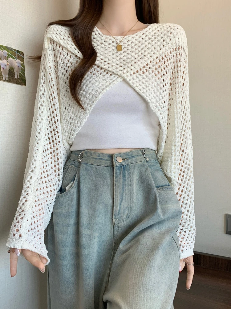 

Spring Summer New Sle Women's Knitted ort oulder awl Hollow out Cross Long Sve Top Korean Version Versatile Early ...