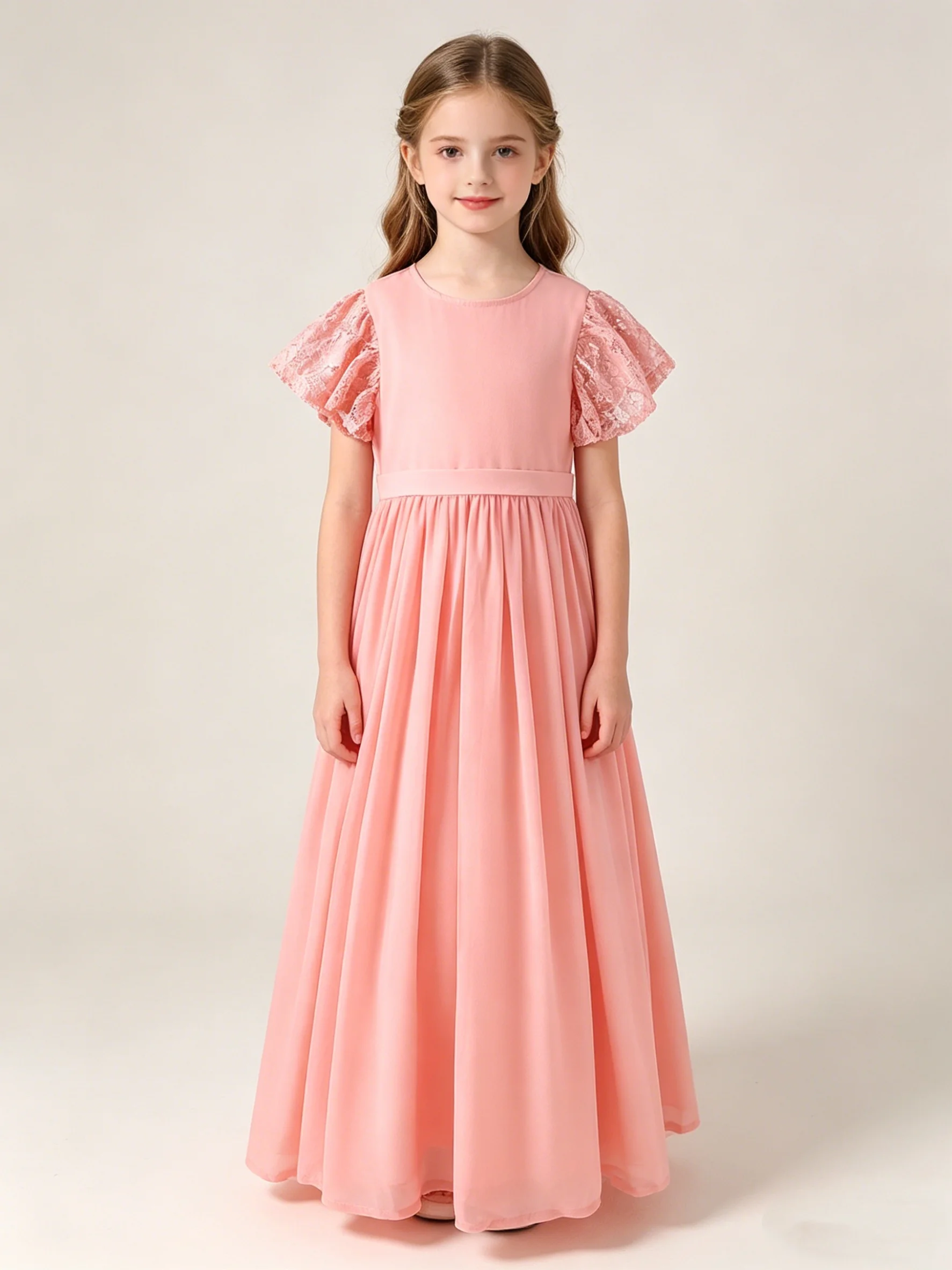 Sommerliches neues Mädchenkleid mit Spitzen-Mesh-Ärmeln, einfarbig, tailliert, schlank machend, langer Rock, süß und niedlich.