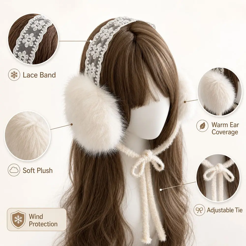 Soft Ear Cap Winter Earmuffs Lace Design Windproof Feature Cold Proof Earmuffs Soft Adjustable Tie Lace Earmuffs Cold Weather