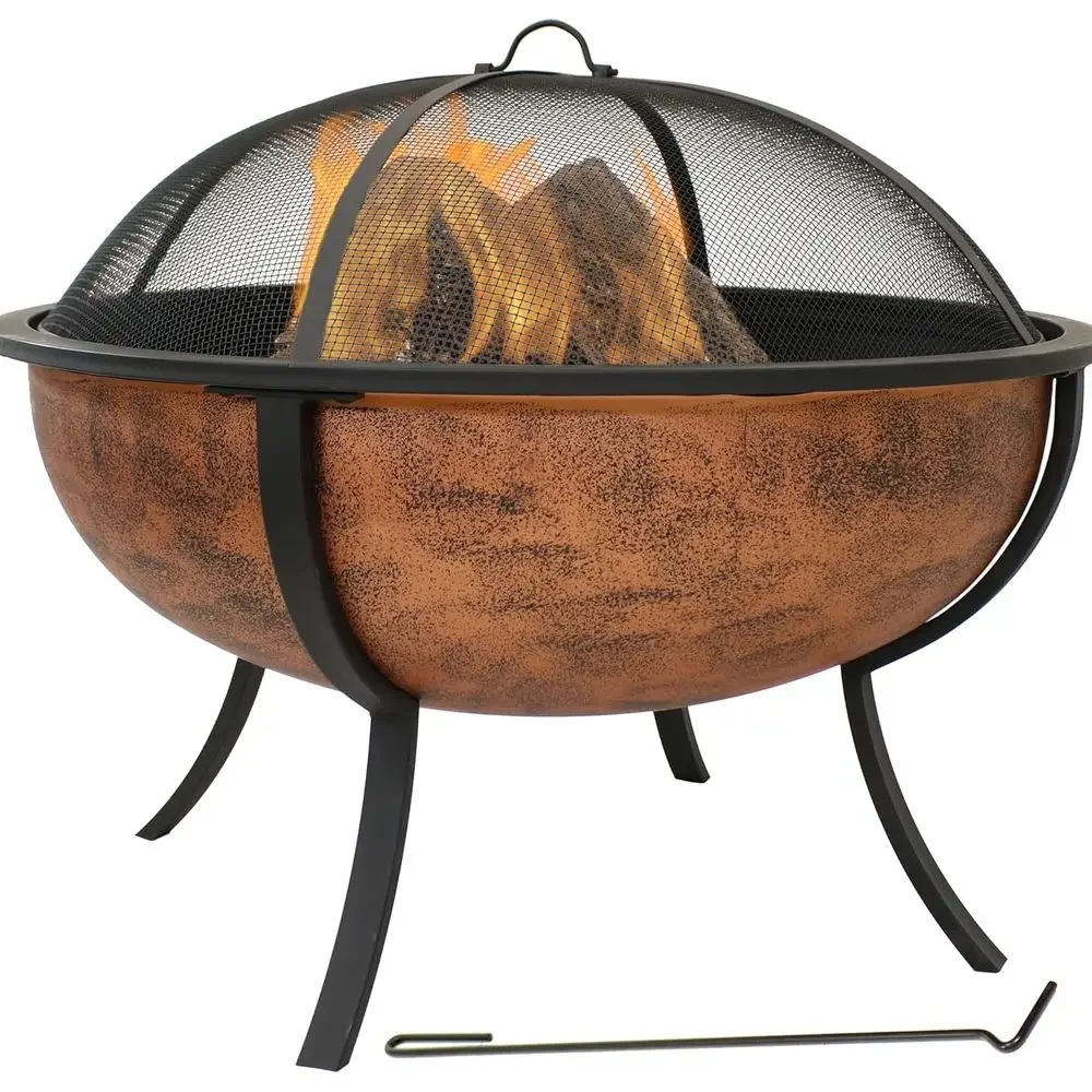 32-Inch Outdoor Copper Fire Pit Bowl with Spark Screen, Wood Grate, and Poker