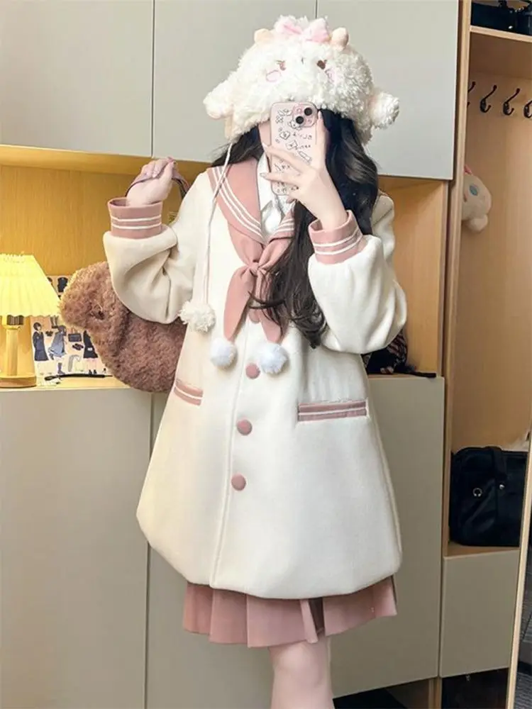 Autumn and Winter JK Uniform Woolen Pink White Coat Suit Sweet Bowknot Navy Collar Jacket Niche Design Pleated Skirt Sets view 3