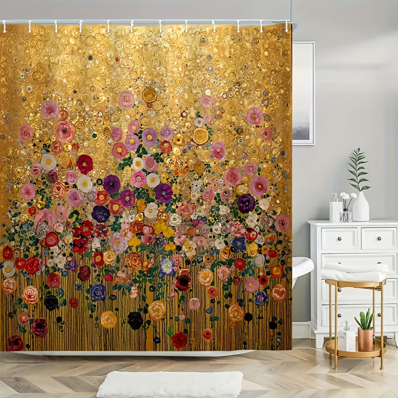 Luxury Gold Floral Print Shower Curtain Waterproof Polyester Bathroom Decor Curtain for Tropical Bloom Pattern Home Accent Spa S