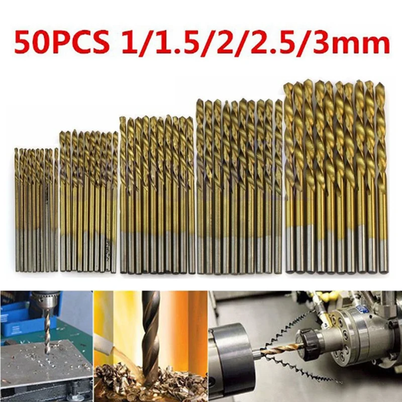 50Pcs Titanium Coated Twist Drill Bit Set 1mm/1.5mm/2mm/2.5mm/3mm High Speed Steel Wood Drilling Metalworking Power Tool