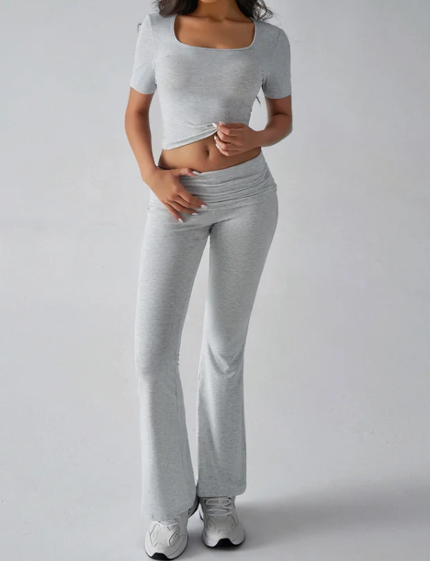 

Women's Casual Suit 2025 Spring Summer Latest Square Neck Sporty Style Solid Color Crop Top T-Shirt High Waisted Long Pants Set