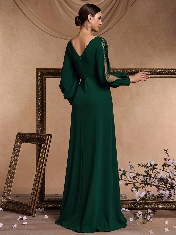 Xuibol luxo applique mangas compridas até o chão verde formal vestido de noite feminino elegante festa de casamento com decote em v cocktail baile