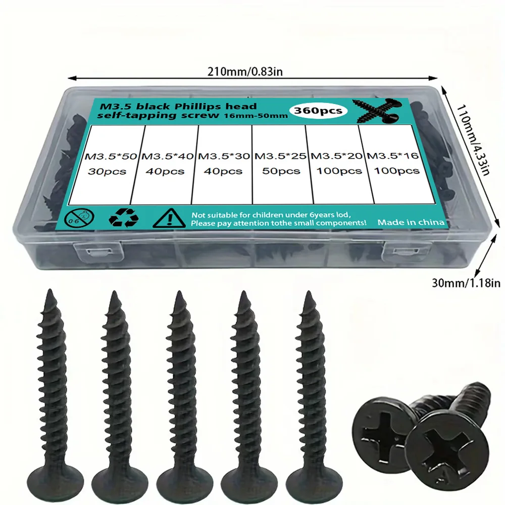 Schwarze Phillips-Kopf-Blechschrauben, M3.5, 360 Stück pro Box, erhältlich in den Größen 16mm, 20mm, 25mm, 30mm, 40mm und 50mm.