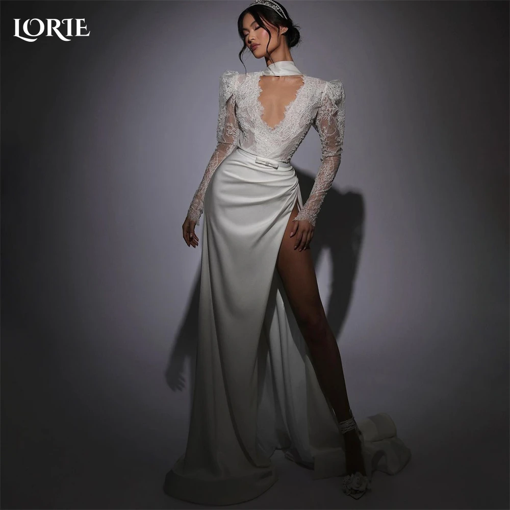 

LORIE Luxury Lace Mermaid Wedding Dresses Sexy High Pleated Side Slit Appliques Bridal Gowns Cap Sleeves V-Neck Bride Dress 2023