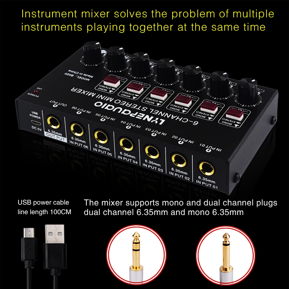 6-kanaals stereo audiomixer, haarbuis elektronische piano-instrument mengen, prestatiemixer voor buiteninstrumenten