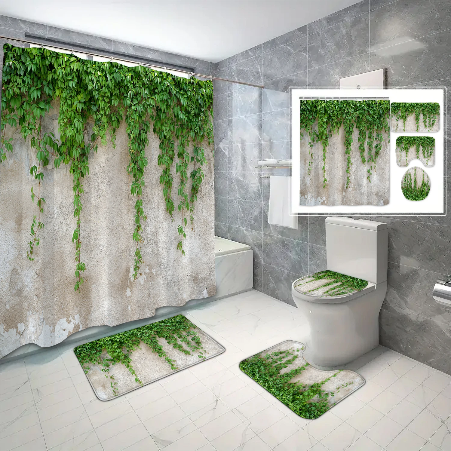 4-piece set of ivy plant printed waterproof shower curtains on stone walls, with 12 hooks and bathroom floor mats