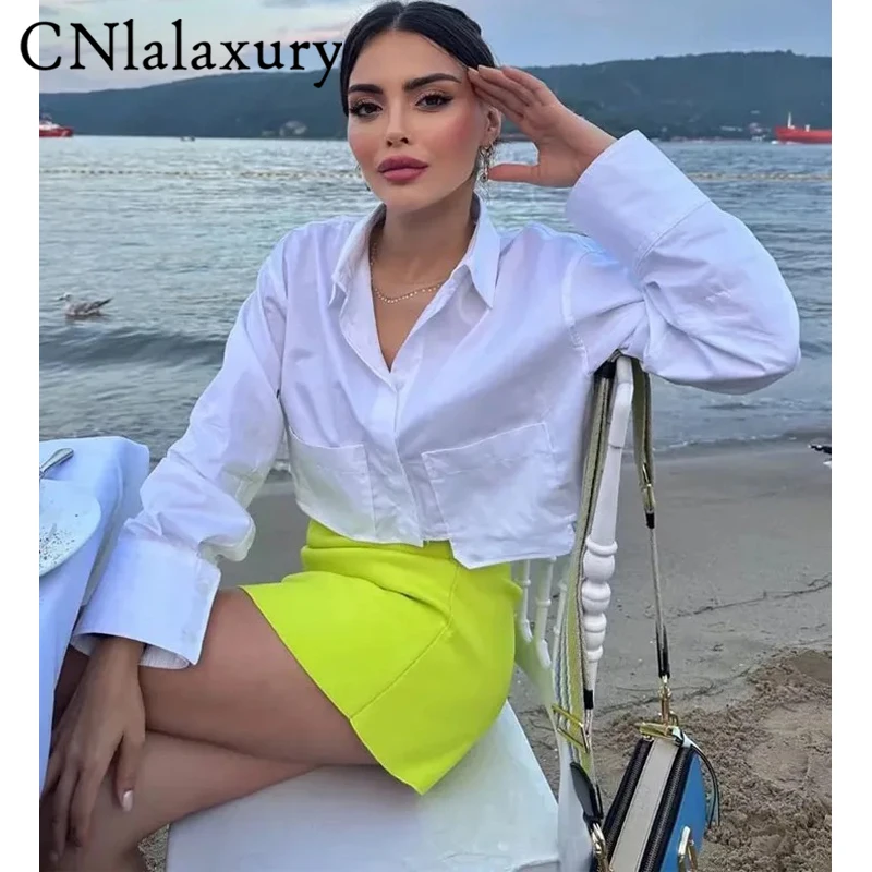 CNlalaxury Summer Woman New Stripes Shirts With Pocket Loose Casual Long Sleeve Crop Tops Female Vintage Overiszed Blouse Chic