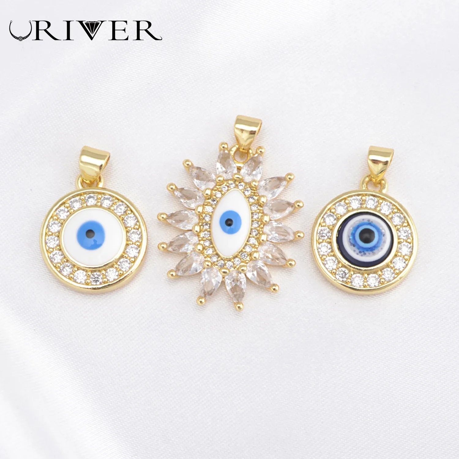 Copper Gold Plated Pendants Enamel Turkey Greece Evil Eye Charms Amuleti Crystal Accessories for DIY Necklace Earrings Wholesale