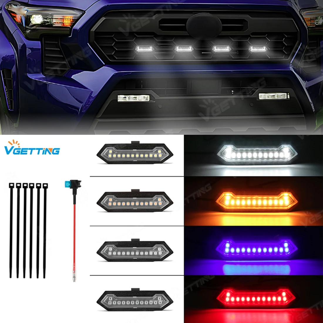 

4 шт. светодиодная передняя решетка для Toyota Tacoma TRD Sport 2024 дымчатый прозрачный корпус гриль лампа красный белый желтый синий DRL фара