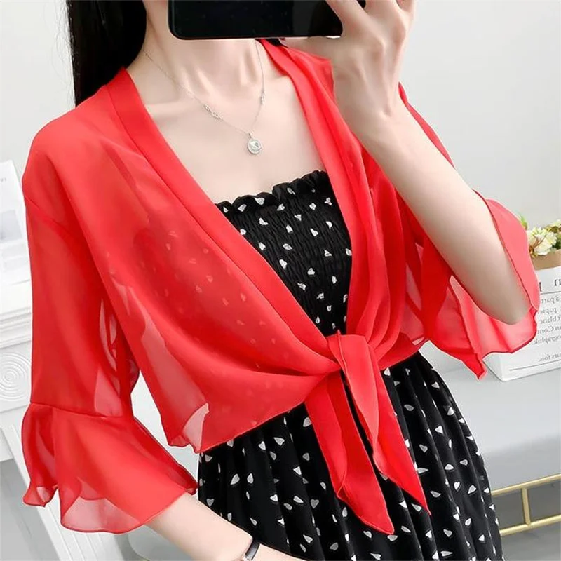 Chiffon Solid Color Cardigan, Summer Shawl Loose Elegant Blouse, Women\'S Thin Sunscreen Tops