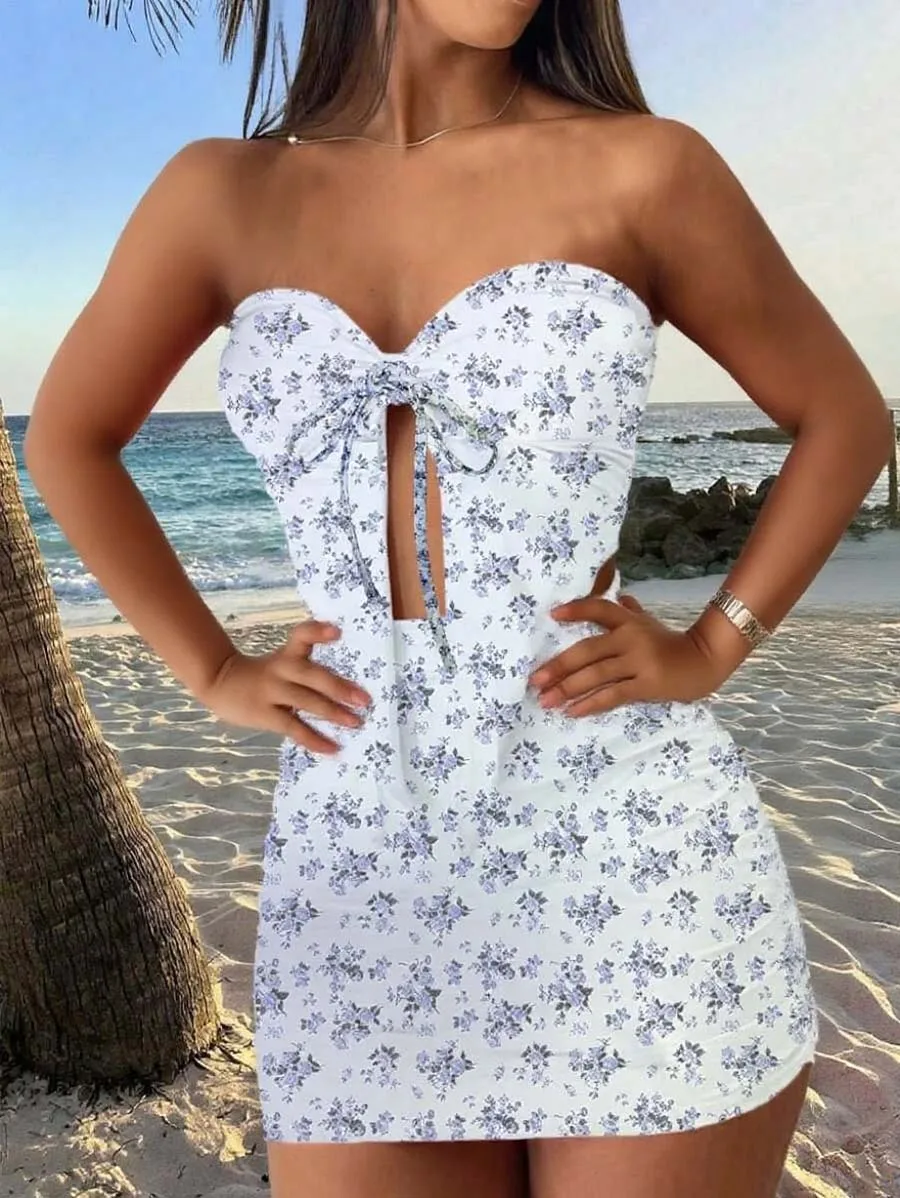 Damen-Minirock mit Blumendruck, Bandeau, figurbetont, Ausschnitt an der Taille