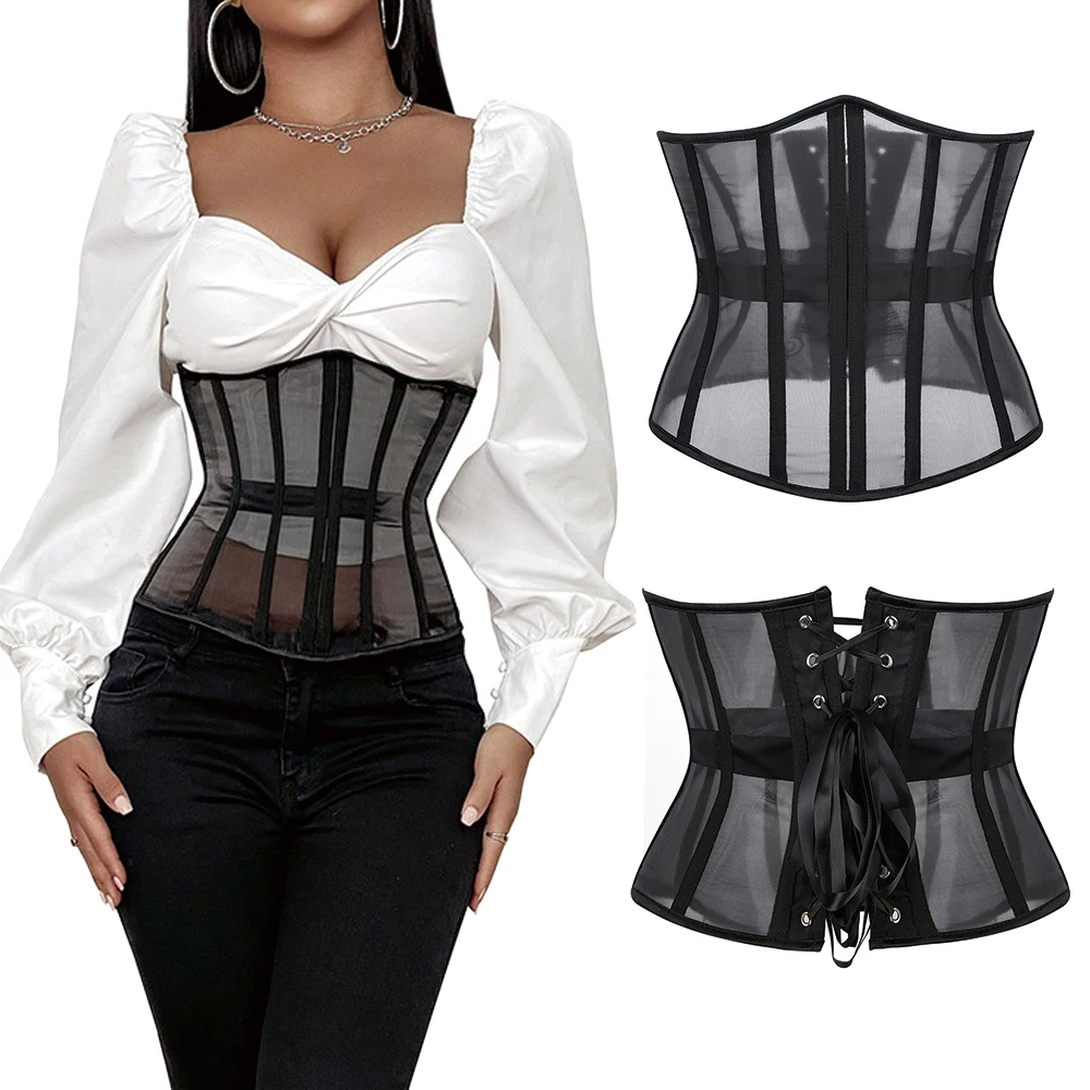 

Underbust Corset for Women Sexy Lacing Adjustment 14 Rubber Bone Translucent Breathable Yarn Waist Belt Cincher Lingerie