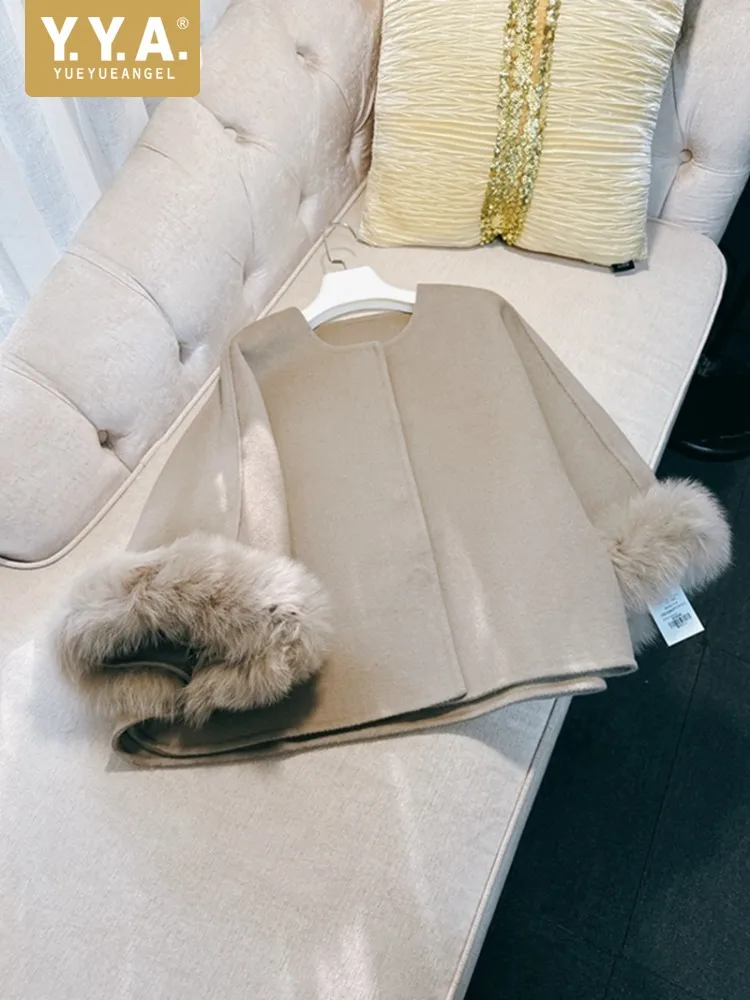 

Elegant Ladies New Autumn Winter Wool Short Coat O Neck Loose Fit Banquet Luxury Spliced Fox Fur Vintage Office Women Jacket