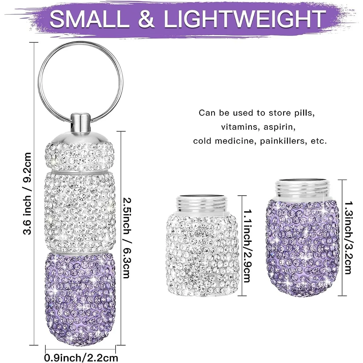 Bling Pill Case Travel Rhinestone Waterproof Fashion Pill Holder with Keychain Luxury Cute Storage Box for Outdoor Camping Case