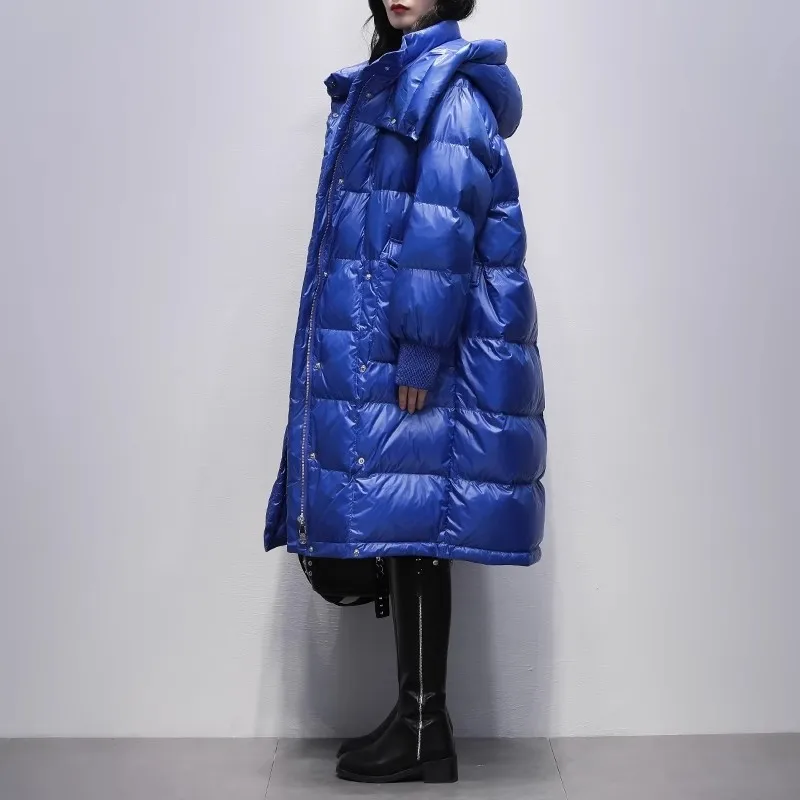 Manteau à capuche en duvet de canard blanc brillant pour femme, pardessus à bout chaud, vestes optiques, bleu, édition coréenne, hiver, nouveau, 2025