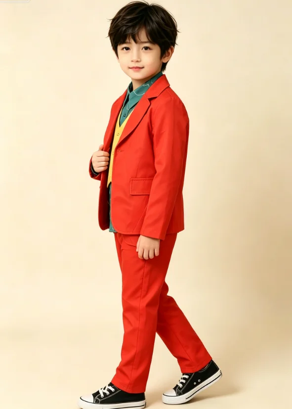 Costume rouge pour enfant, chemise verte imprimée, gilet jaune, tenue élégante pour spectacle ou mariage